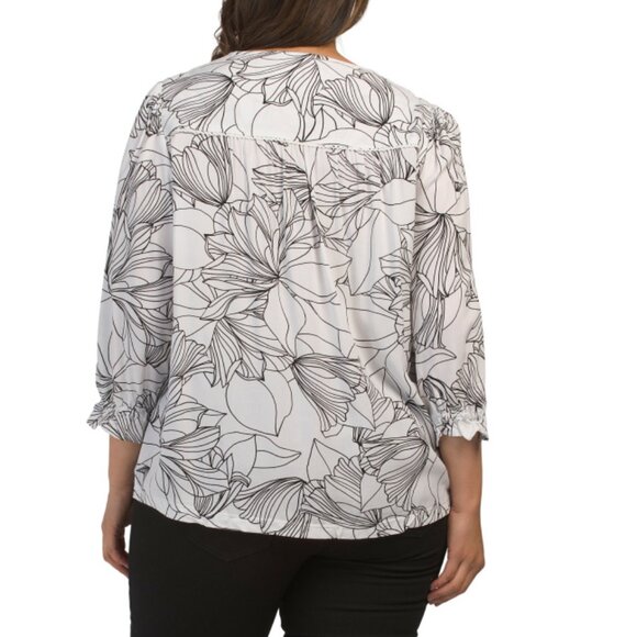 STELLA & GINGER White Floral Plus Ruffle V-neck Collar Blouse - Picture 2 of 2